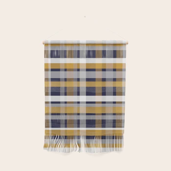 Modern Retro Plaid In Mustard Yellow, White, Navy Blue, And Grey Wall Hanging