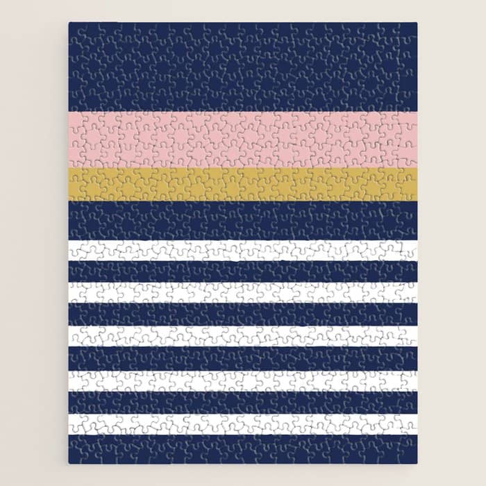Graduated Stripes In Navy Blue, Blush Pink, Mustard Yellow, And White. Minimalist Color Block Design Jigsaw Puzzle