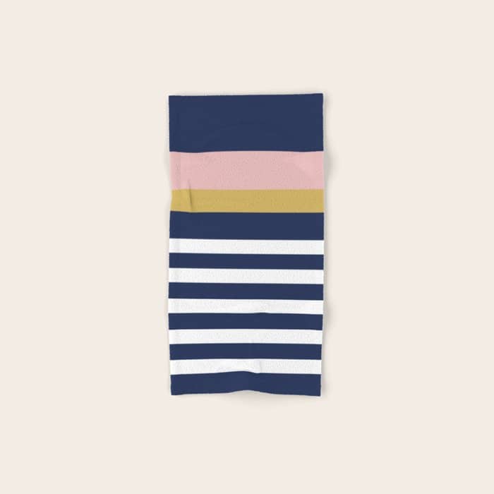 Graduated Stripes In Navy Blue, Blush Pink, Mustard Yellow, And White. Minimalist Color Block Design Bath Towel