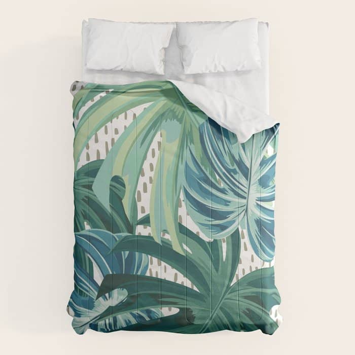 Tropical Palms, Green And Blue, Abstract Comforter