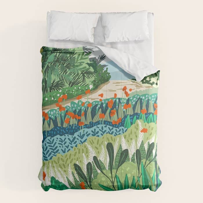 Solo Walk, Nature Jungle Forest Tropical Colorful Vibrant Bortanical Illustration Painting Comforter