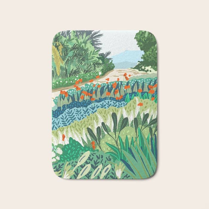 Solo Walk, Nature Jungle Forest Tropical Colorful Vibrant Bortanical Illustration Painting Bath Mat