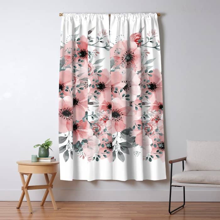 Watercolor Flower, Blush Pink And Gray, Floral Prints Window Curtain