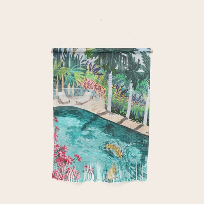 Luxury Tiger Villa Illustration, Architecture Travel Nature Painting, Hotel Landscape Garden Wall Hanging
