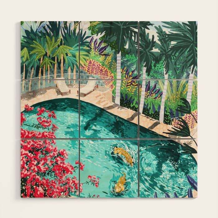 Luxury Tiger Villa Illustration, Architecture Travel Nature Painting, Hotel Landscape Garden Wood Wall Art
