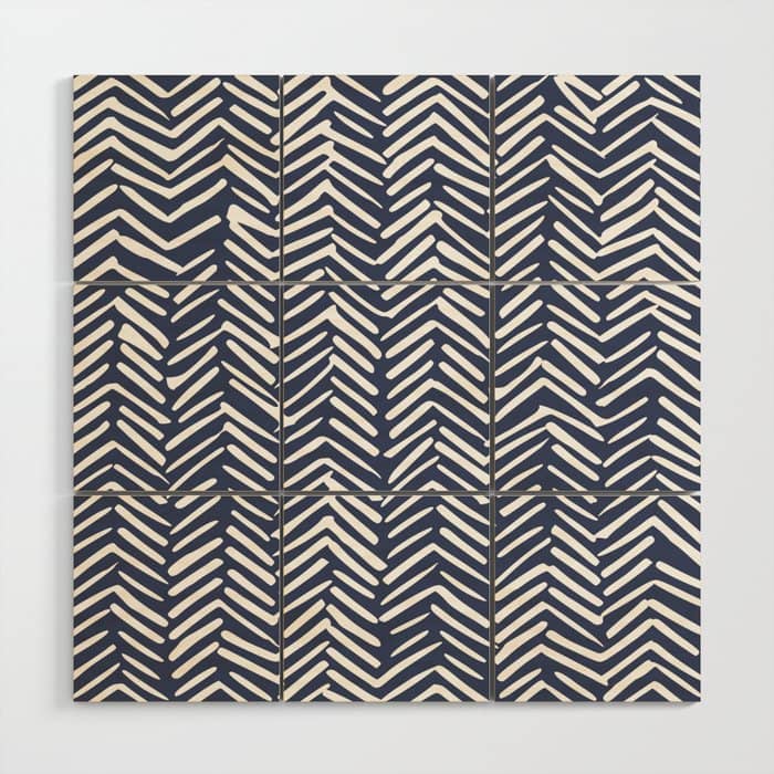 Boho Herringbone Pattern, Navy Blue And White Wood Wall Art