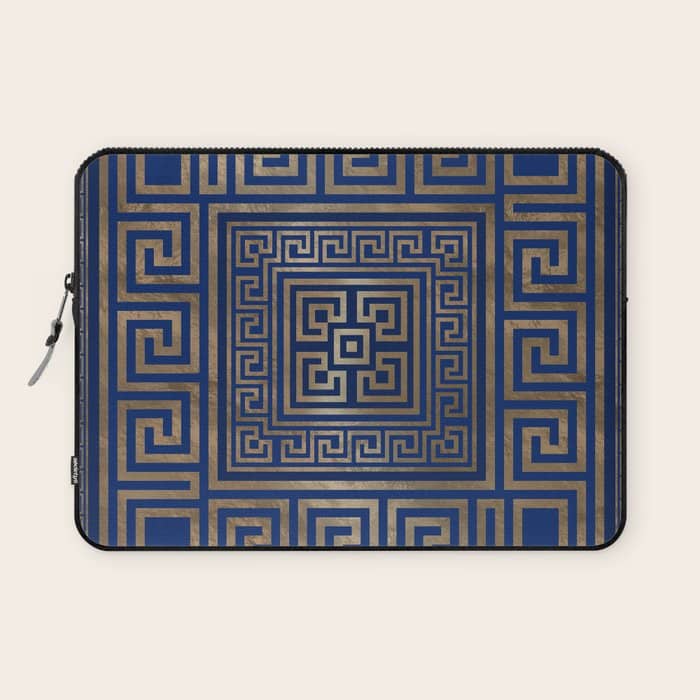 Greek Key Ornament - Greek Meander -Gold On Blue Laptop Sleeve