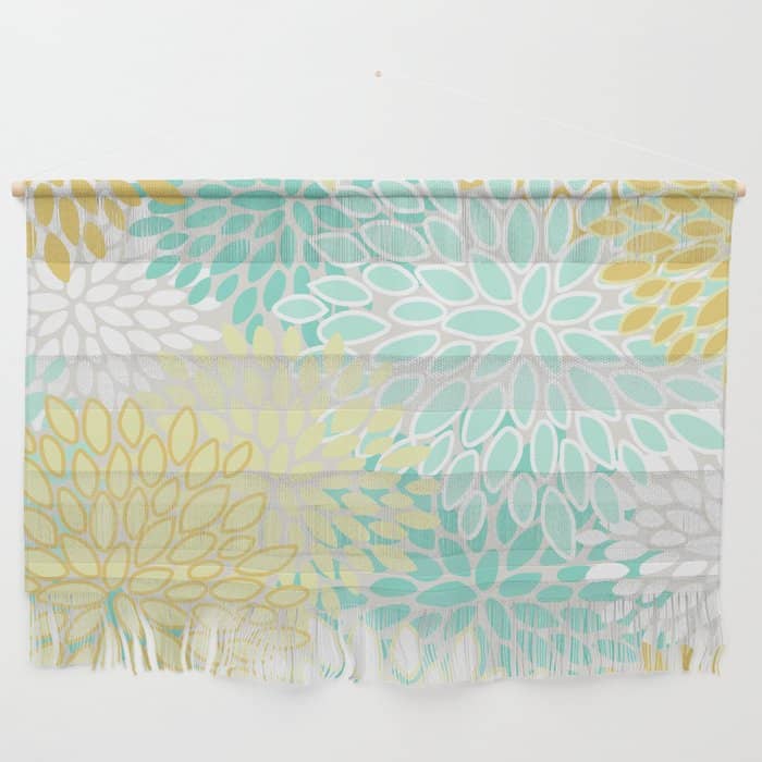 Floral Prints, Mint Green And Yellow, Modern Print Art Wall Hanging