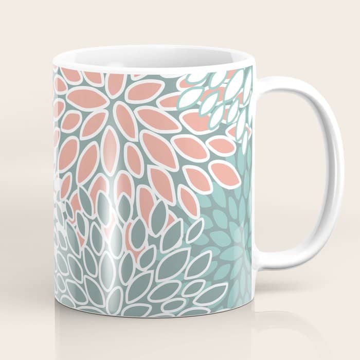 Festive, Floral Prints, Teal And Coral Coffee Mug