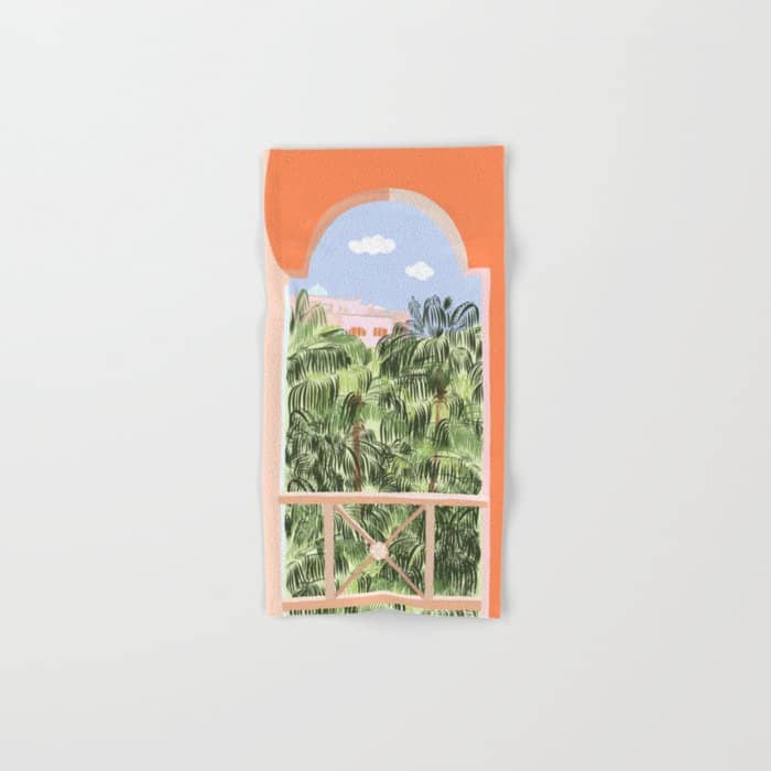 Summer Travel, Tropical Nature Palm Trees, Modern Architecture Palace Illustration Painting Bath Towel