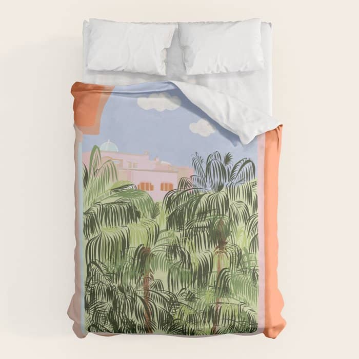 Summer Travel, Tropical Nature Palm Trees, Modern Architecture Palace Illustration Painting Duvet Cover