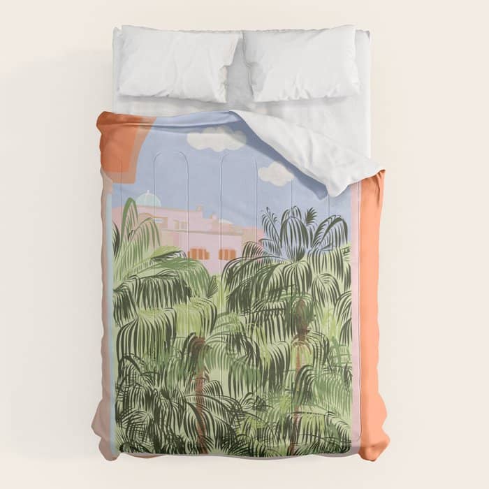 Summer Travel, Tropical Nature Palm Trees, Modern Architecture Palace Illustration Painting Comforter