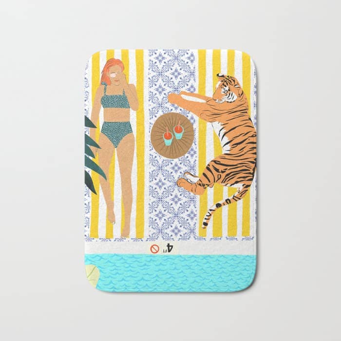 How To Vacay With Your Tiger, Human Animal Connection Illustration, Tropical Travel Morocco Painting Bath Mat