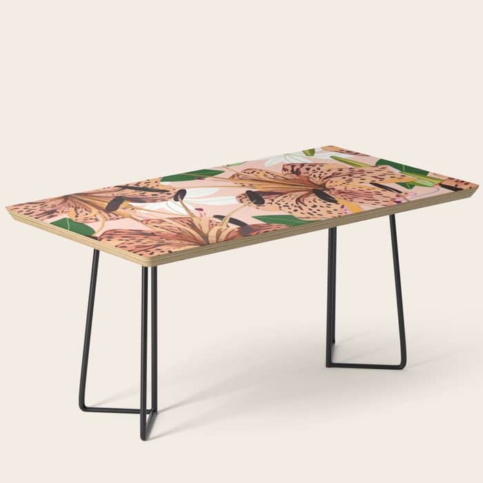 Tiger Lillies, Tropical Blush Botanical Illustration, Polka Dots Nature Vibrant Floral Jungle Coffee Table