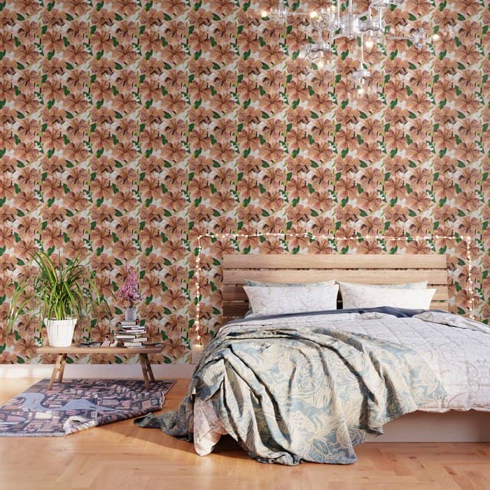 Tiger Lillies, Tropical Blush Botanical Illustration, Polka Dots Nature Vibrant Floral Jungle Wallpaper
