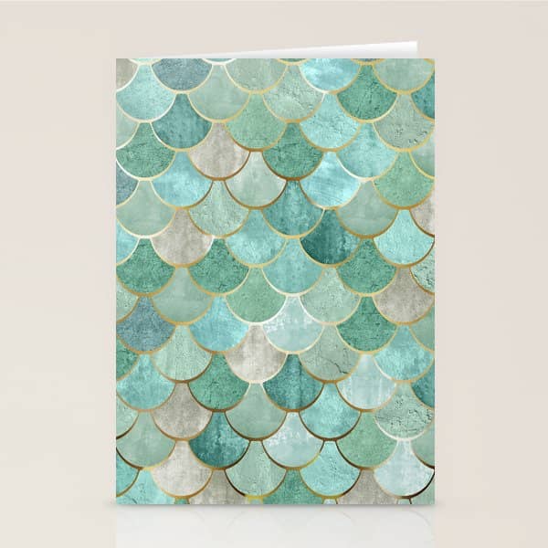 Moroccan Mermaid Fish Scale Pattern, Green And Gold Stationery Card