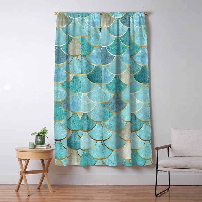 Moroccan Mermaid Fish Scale Pattern, Aqua,Teal Window Curtain