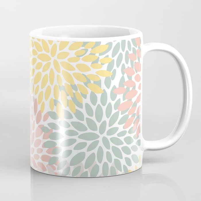 Festive, Abstract, Floral Prints, Coral, Green, Yellow Coffee Mug