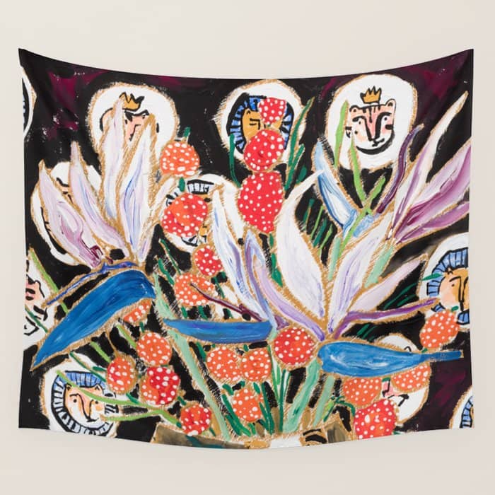 Lions And Tigers Dark Floral Still Life Painting Wall Tapestry