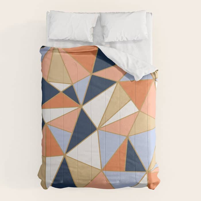 Festive, Geometric Art, Orange, Navy, Blue, Gold, Abstract Art Comforter