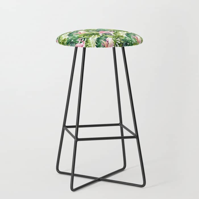 Flamingo Tropical, Colorful Tropical Jungle Monstera Painting, Watercolor Birds Banana Leaves Stool