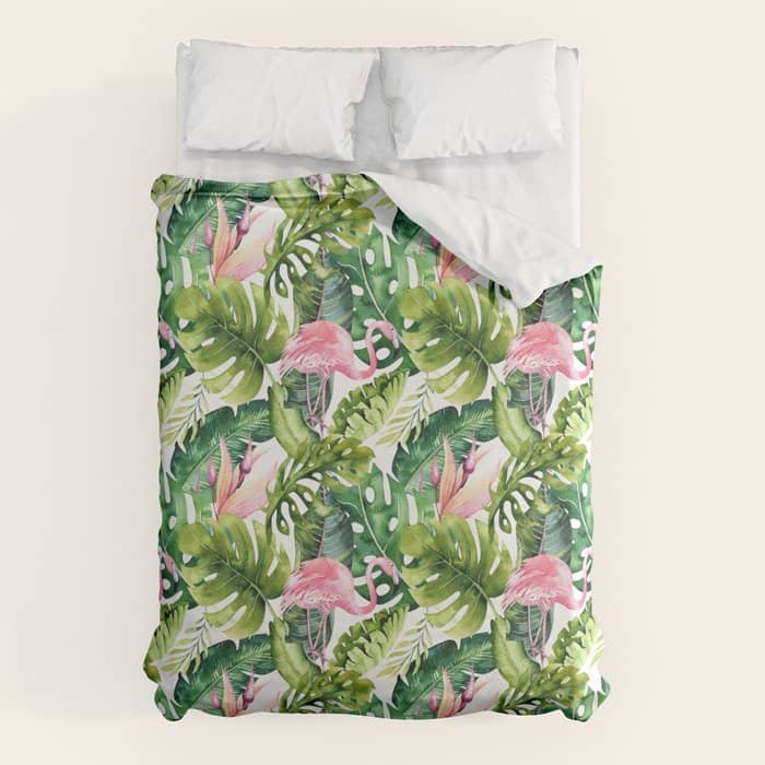 Flamingo Tropical, Colorful Tropical Jungle Monstera Painting, Watercolor Birds Banana Leaves Duvet Cover
