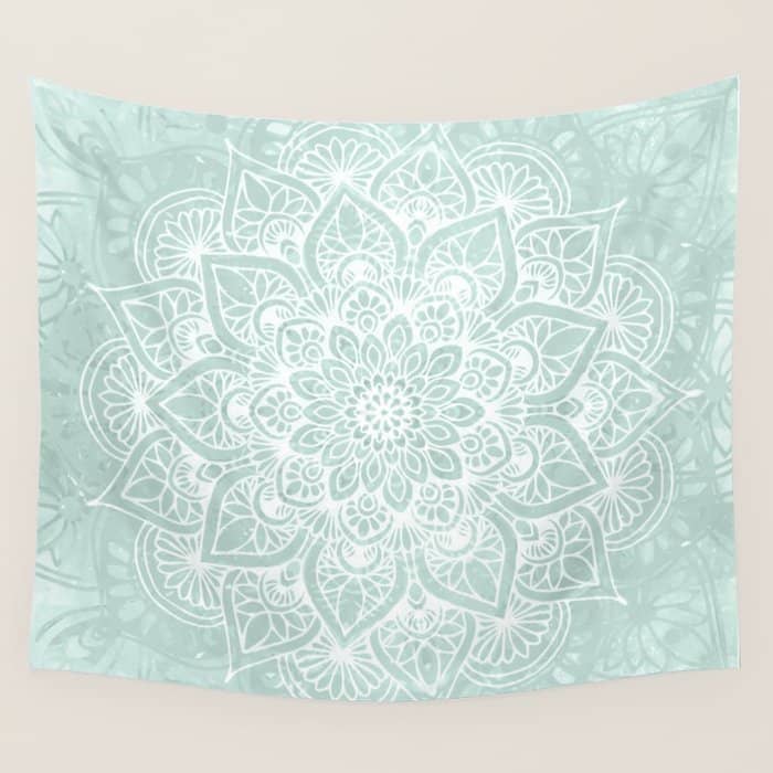 Mandala, Yoga, Love, Flower Of Life, Teal Green Wall Tapestry