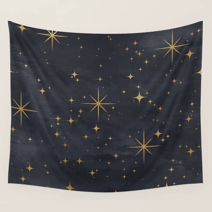 Gold Stars Black Ink Night Sky Magical Mid Century Pattern Wall Tapestry
