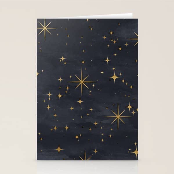 Gold Stars Black Ink Night Sky Magical Mid Century Pattern Stationery Card