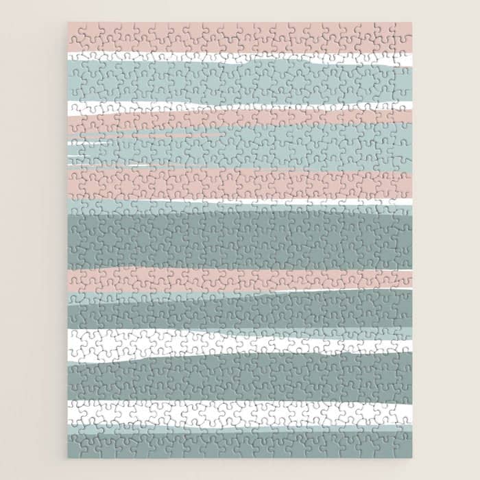 Festive, Abstract, Stripes Pattern, Pink, Green, White Jigsaw Puzzle