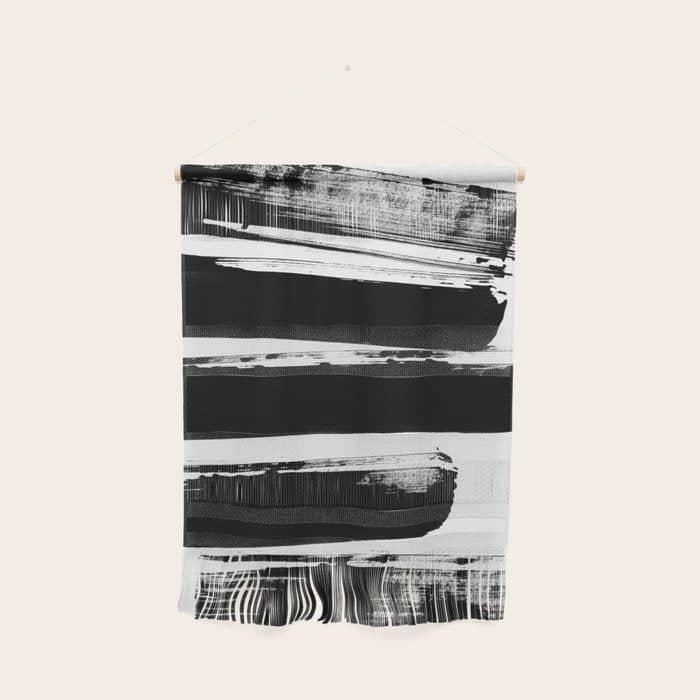 Stripes Black & White Minimalist Abstract Mid Century Ink Art Dark Brush Strokes Wall Hanging