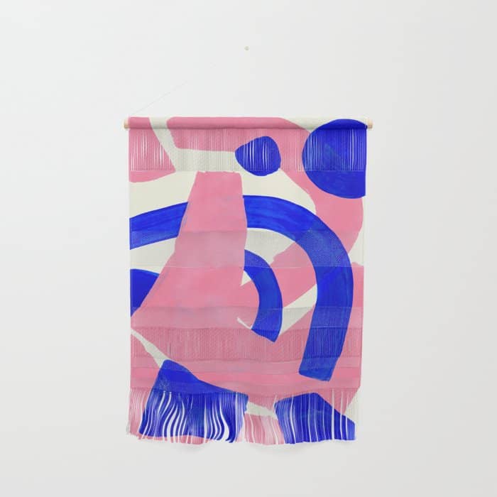 Blue Pink Fun Colorful Mid Century Modern Abstract Painting Shapes Pattern Wall Hanging