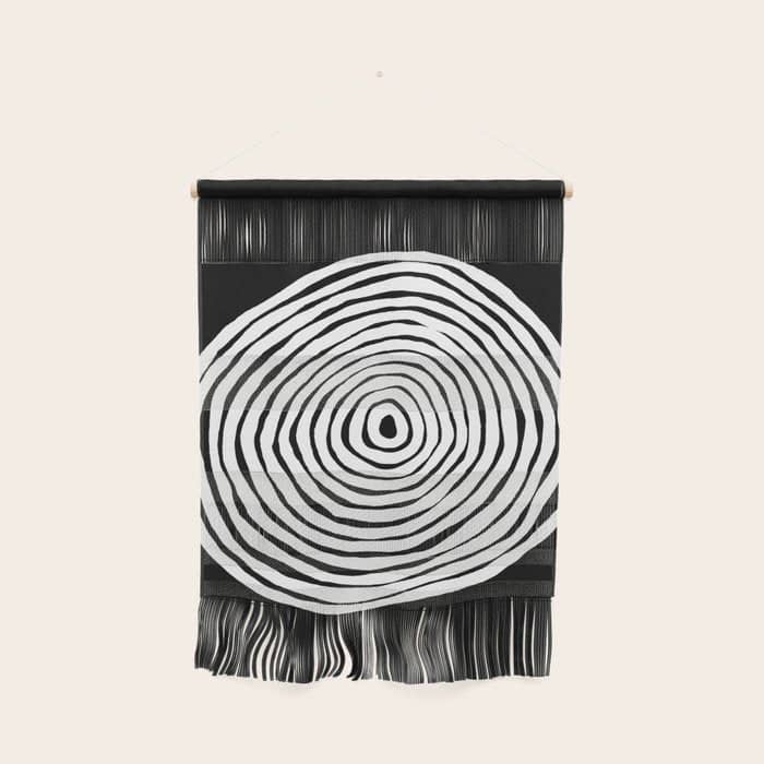 Black & White Minimalist Mid Century Abstract Ink Line Spiral Hypnotic Circle Wall Hanging