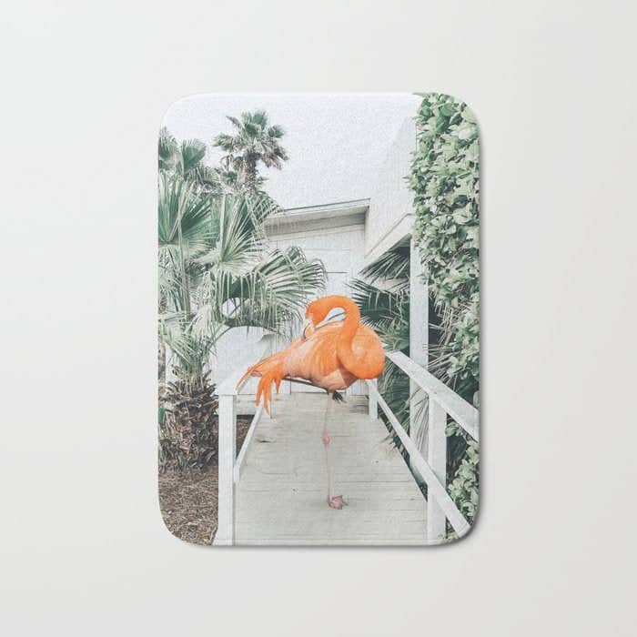 Flamingo Beach House, Wildlife Architecture Jungle Photography, Eclectic Birds Digital Art Bath Mat