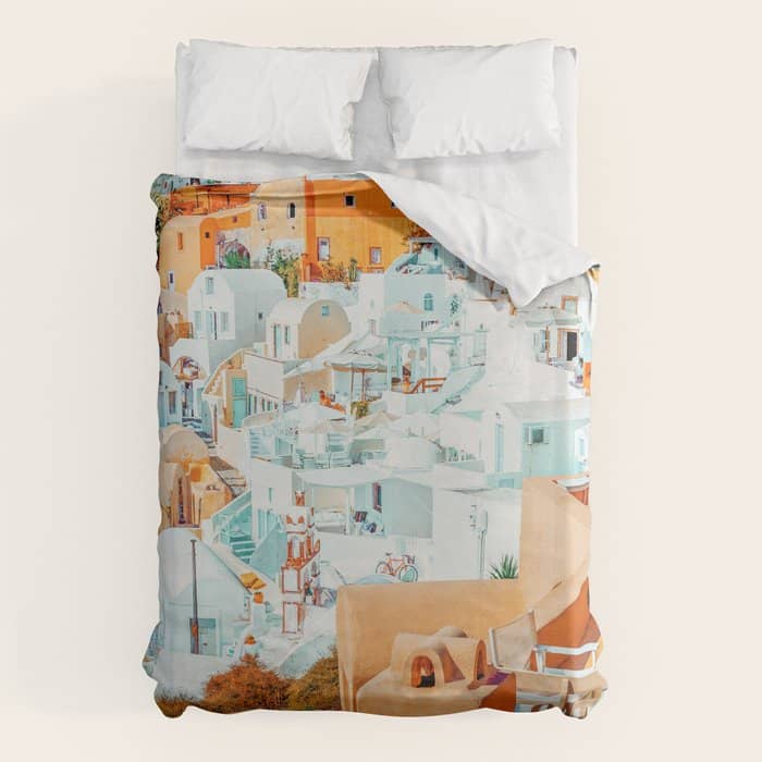 Santorini Vacay | Greece Summer Travel Architecture Buildings | Pastel Beachy Cityscape Photography Duvet Cover