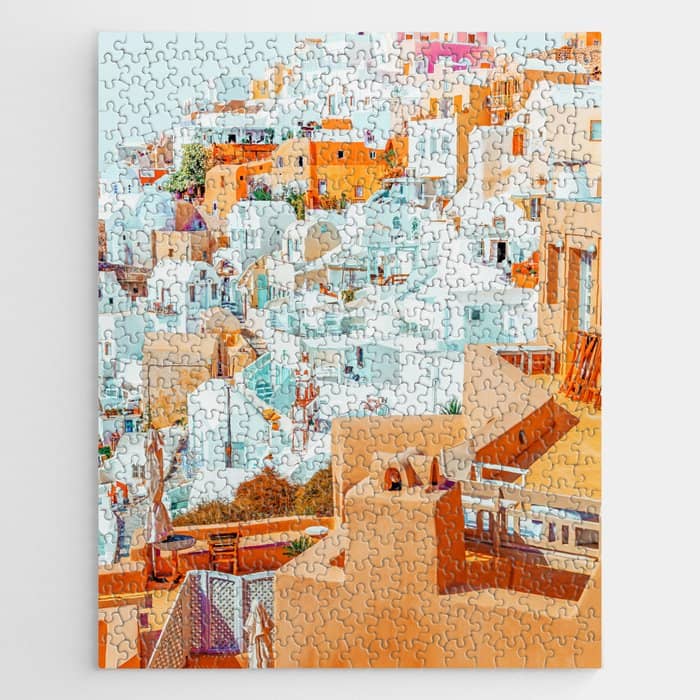 Santorini Vacay | Greece Summer Travel Architecture Buildings | Pastel Beachy Cityscape Photography Jigsaw Puzzle