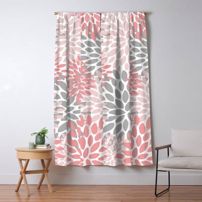 Floral Pattern, Coral Pink And Gray Window Curtain