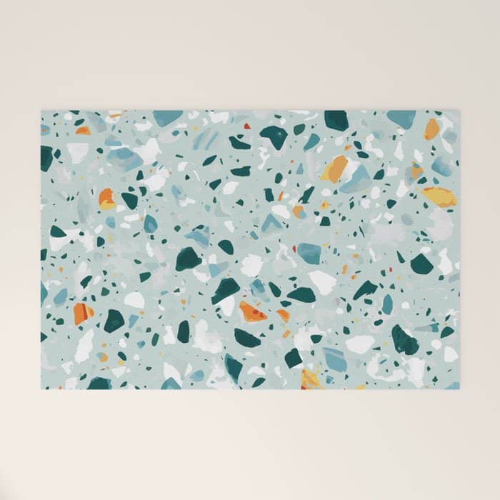 Mint Terrazzo, Eclectic Marble Texture Pattern, Colorful Neutral Pastel Illustration, Floor Tiles Welcome Mat