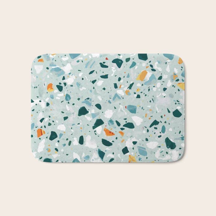 Mint Terrazzo, Eclectic Marble Texture Pattern, Colorful Neutral Pastel Illustration, Floor Tiles Bath Mat
