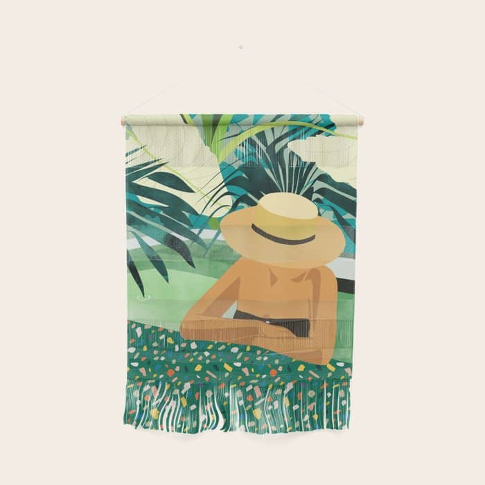 Chill, Modern Bohemian Black Woman Travel Illustration | Terrazzo Tropical Swimming Pool Fashion Wall Hanging