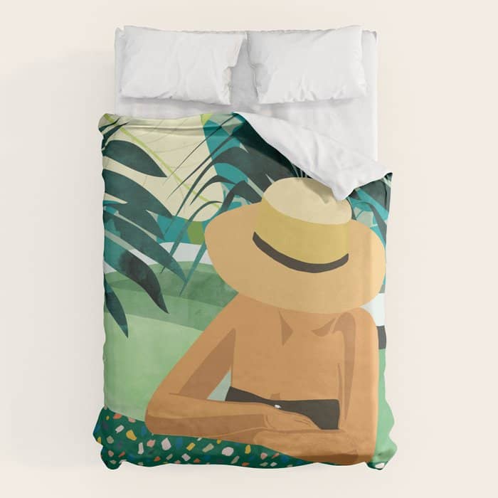 Chill, Modern Bohemian Black Woman Travel Illustration | Terrazzo Tropical Swimming Pool Fashion Duvet Cover