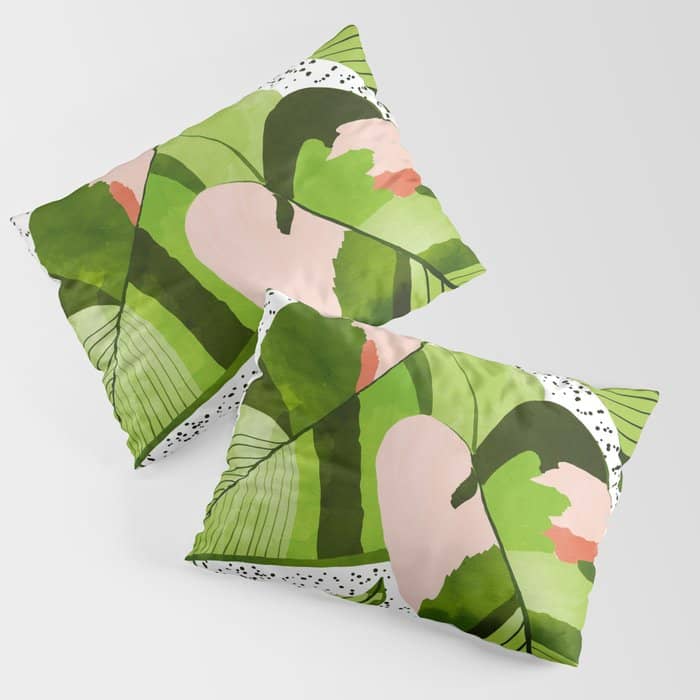 Blushing Leaves Watercolor Painting, Colorful Botanical Illustration, Tropical Modern Bohemian Pillow Sham