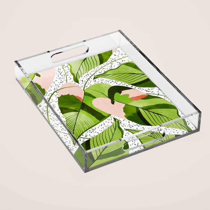 Blushing Leaves Watercolor Painting, Colorful Botanical Illustration, Tropical Modern Bohemian Acrylic Tray