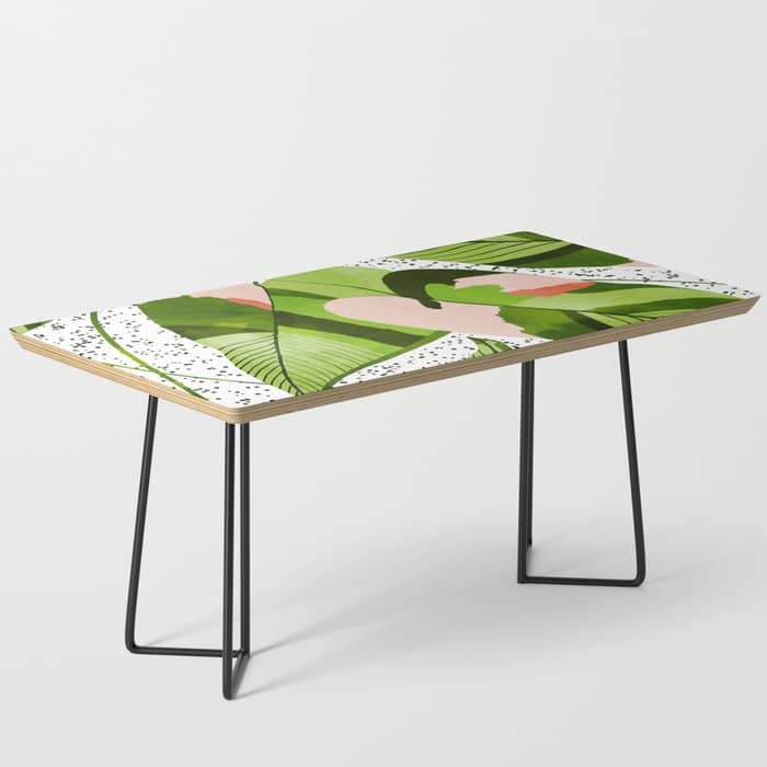 Blushing Leaves Watercolor Painting, Colorful Botanical Illustration, Tropical Modern Bohemian Coffee Table