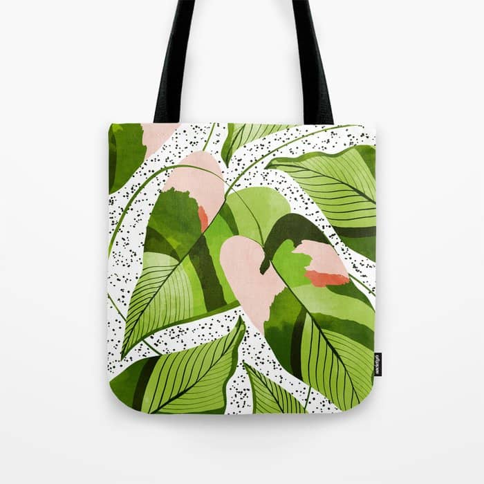 Blushing Leaves Watercolor Painting, Colorful Botanical Illustration, Tropical Modern Bohemian Tote Bag