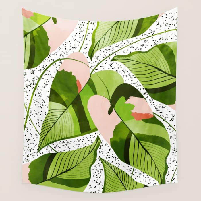 Blushing Leaves Watercolor Painting, Colorful Botanical Illustration, Tropical Modern Bohemian Wall Tapestry