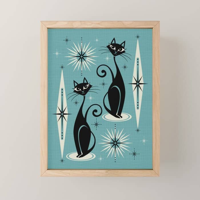 Mid Century Meow Retro Atomic Cats On Blue Mini Art Print