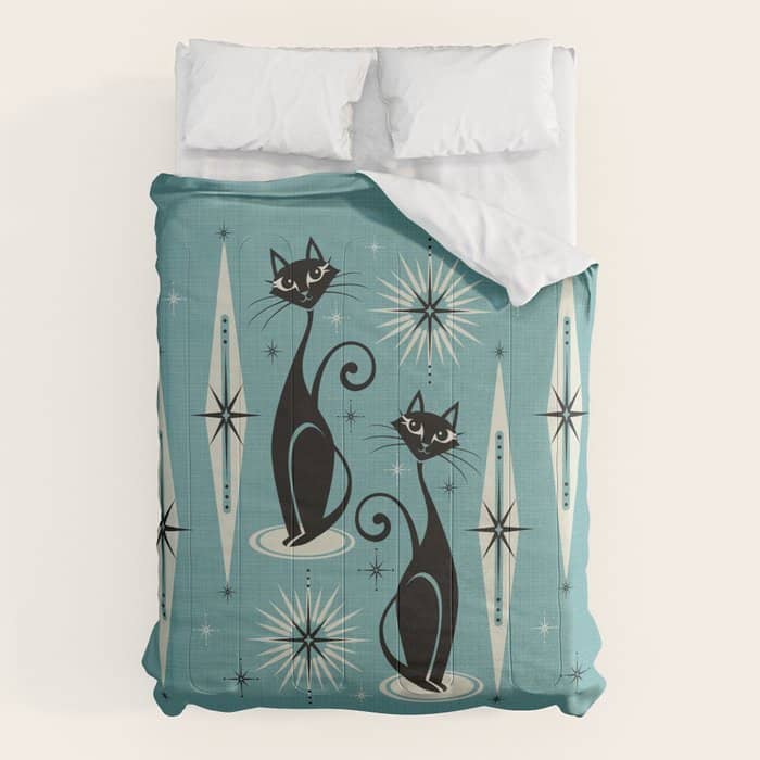 Mid Century Meow Retro Atomic Cats On Blue Comforter