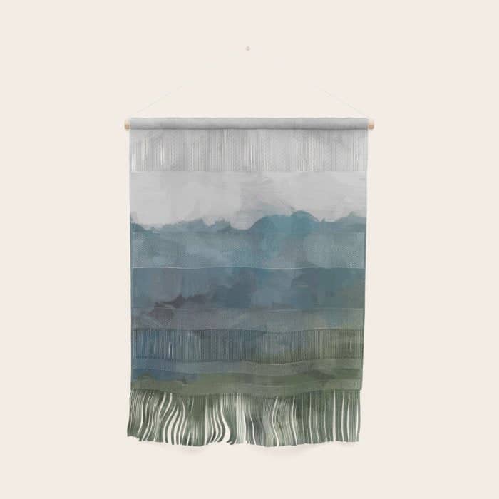 Journey Into The Mountains - Gray Blue Navy Indigo Sage Leafy Green Sky Forest Abstract Painting, Wall Hanging