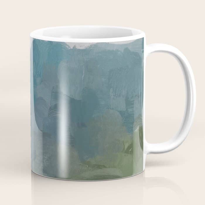 Journey Into The Mountains - Gray Blue Navy Indigo Sage Leafy Green Sky Forest Abstract Painting, Coffee Mug